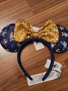 Loungefly Navy Disney 50th Minnie Ear Headband with Gold Sequin Bow
